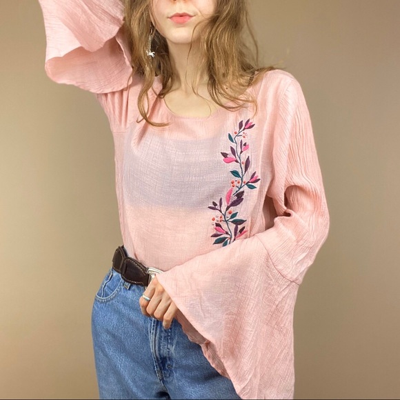 Tops - Light Pink Flare - Bell Sleeve Embroidery Top